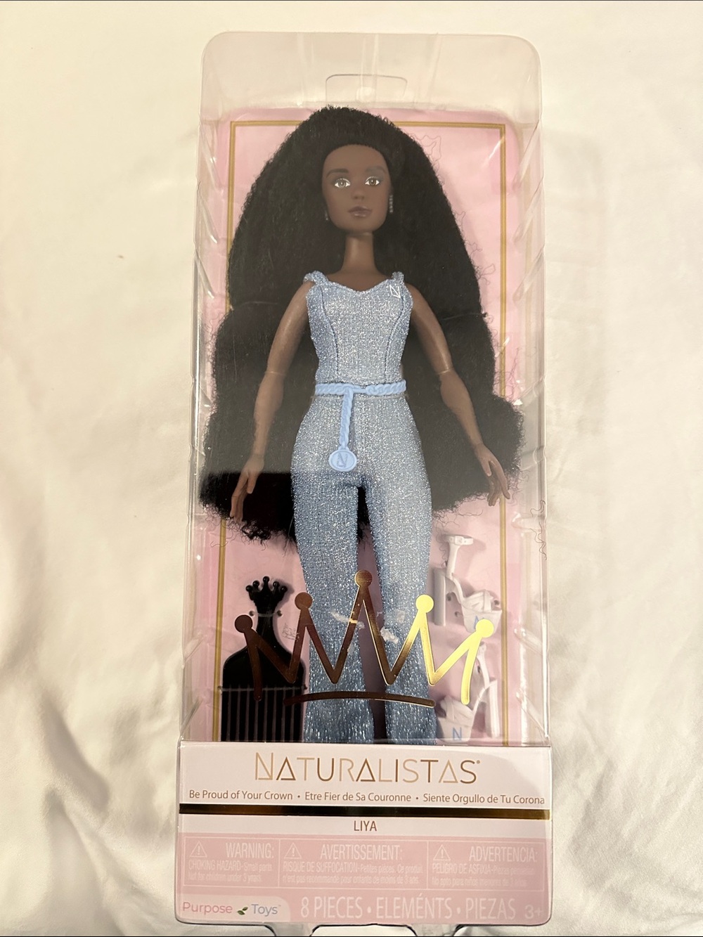 Naturalistas Liya Doll in Shimmery Light Blue Jumpsuit
